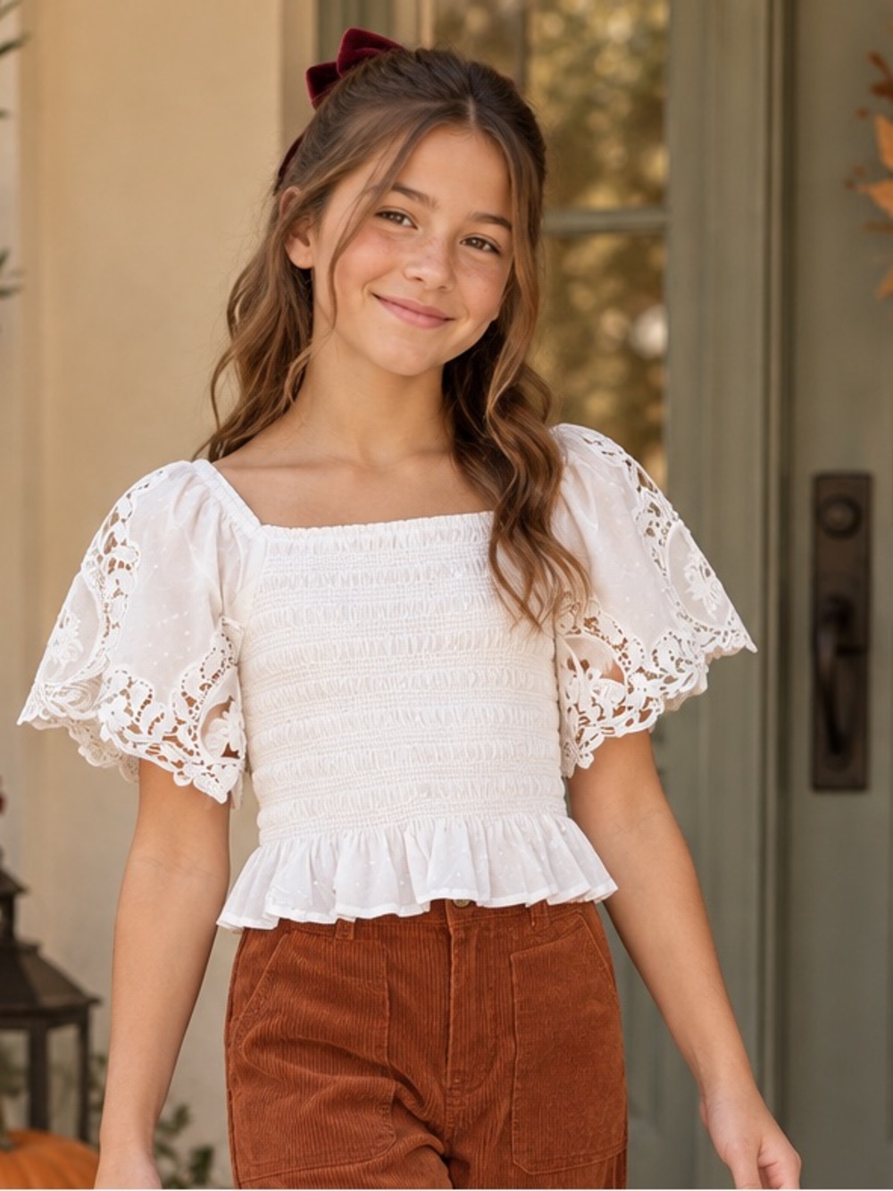 GB girls White Lace Smocked Puff-Sleeve Crop Top